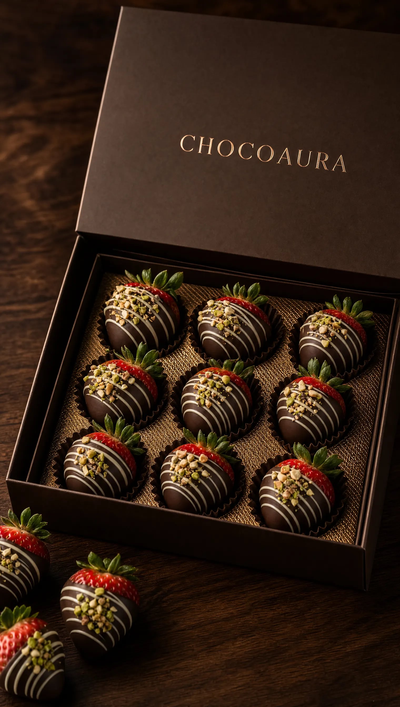 Ochiq ChocoAura qutisi, to‘qqizta shokoladli qulupnay